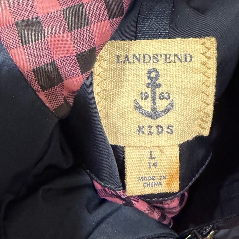 Lands End Kids Navy Blue Down Puffer Parka Jacket Hooded Chevron Quilt Size L 14 - Picture 4 of 5